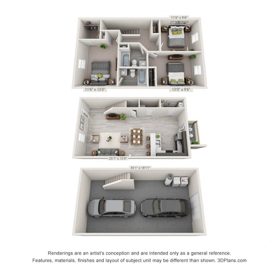 A 3d rendering of a 3 bedroom townhome with a garage
